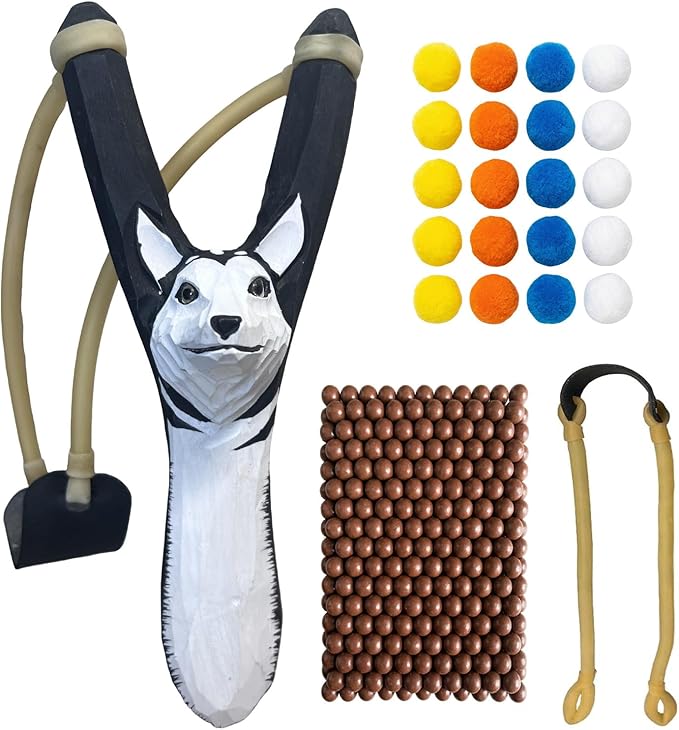 LINJAY LANJY Wooden Slingshot for Kids with Soft & Hard Balls, Safe Indoor/Outdoor Play, Fun Hunting Game for Adults & Children