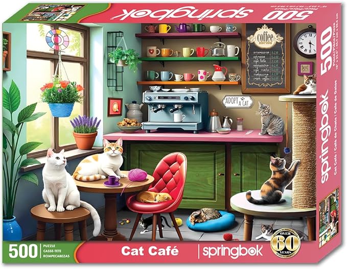 Springbok Cat Cafe 500 Piece Jigsaw Puzzle for Adults - Kittens in a Coffee Shop - Unique Cut Pieces - Made in USA