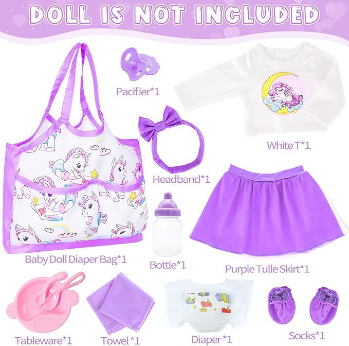 UNICORN ELEMENT Baby Doll Accessories Doll Diaper Bag Set with 14-16 Inch Doll Clothes Set Included Bottles, Pacifier, Diaper, Headband Best Gift for Kids
