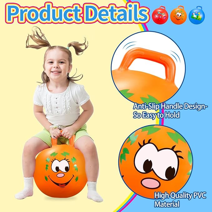Bouncy Balls with Handle for Kids, Ride On Toys Balls for Kids 3 4-8, 3 Pack Hopper Ball 18 Inch Size with Air Pump for Kid Jumping Sports Ride Games Balance Exercise Indoor Outdoor Fun Toy