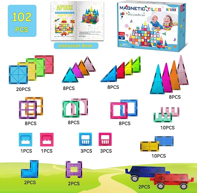 Magnetic Tiles,102PCS Magnetic Building Blocks 3D Clear Construction Playboards, Inspiration, Creativity Beyond Imagination, Educational Magnet Toy Set for Kids with 2 Cars