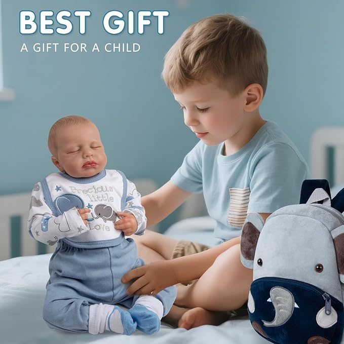 12Pcs Reborn Baby Doll Accessories Set 17-22 Inch Boy Clothes with Backpack Blue Elephant Outfits Reborn Baby Dolls Clothes Diapers Bag Design