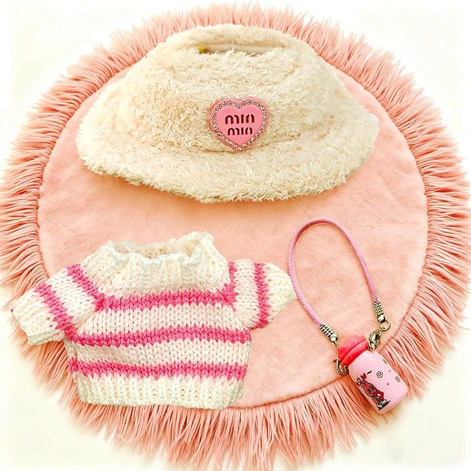 Doll Clothes for 17cm lububu, Designer Outfit Set with Hot Pink Hand-Crocheted Sweater , Hat & Mini Water Bottle Accessories,Cute Ropa Clothing for 15cm Have a Seat 2.0 Series Doll Girl Dress-Up