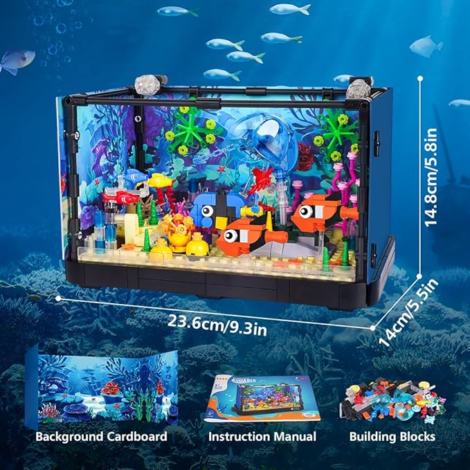 HOGOKIDS Fish Tank Building Set with LED Light - Movable Aquarium Building Toys for Adults Kids | 725PCS Creative Aquarium Toy with Jellyfish, Fish Animal Educational Gift for Boys Girls Age 8-14