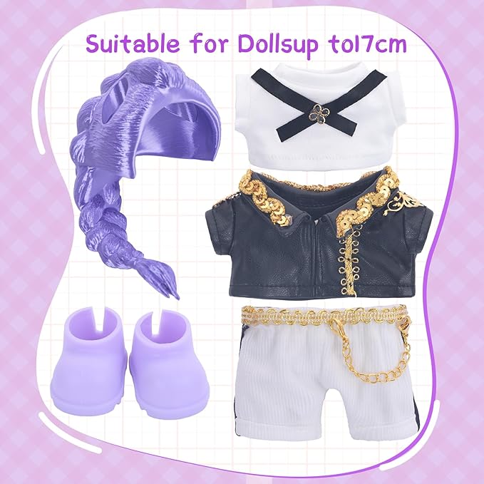 Use for Labubu Outfits KPDH Clothes and Accessories Set Designer,17cm Doll Kpop Clothes Outfits 3D Printed Purple Wigs Compatible with Labubu Doll