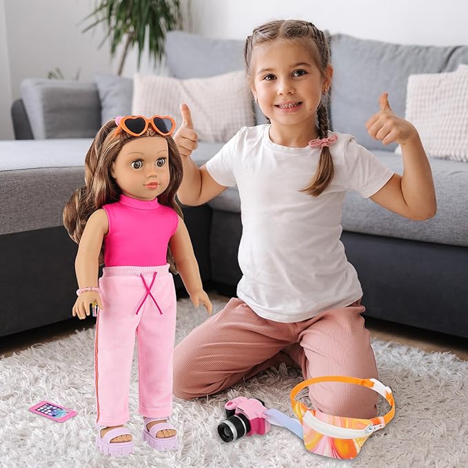American 18 inch Doll Clothes and Accessories Travel Bag Set Including Pink Top Pants Sunglasses Camera Toy Cell Phone Hair Ties and Bracelet Fit for 18 inch Doll