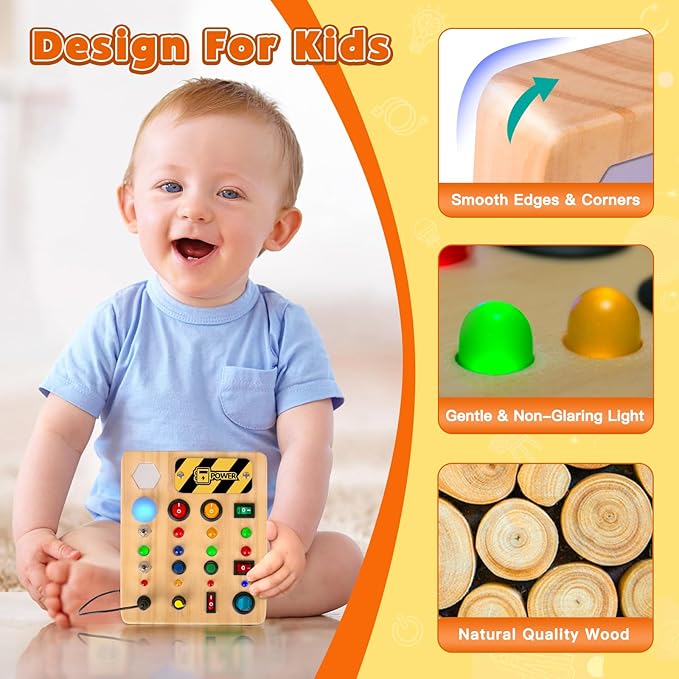 TINTECUSA Busy Board Montessori Toys for Toddler, Wooden Sensory Board Switch Toy with Shape Sorter LED Light Up Toys Educational Plane Travel Activity for Girls & Boys