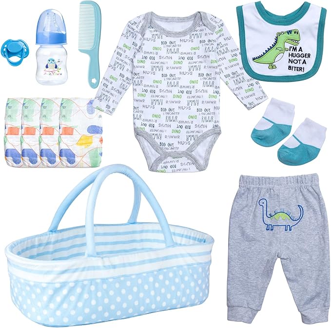 12Pcs Reborn Boy Baby Doll Clothes Accessories Dinosaur Clothes for Reborn Baby Doll 17-22 Inch Realistic Outfits with Bassinet Diapers Blue Newborn Doll Stuffs