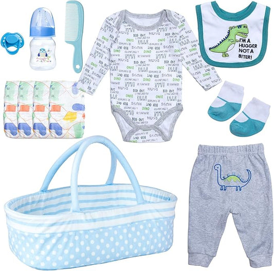12Pcs Reborn Boy Baby Doll Clothes Accessories Dinosaur Clothes for Reborn Baby Doll 17-22 Inch Realistic Outfits with Bassinet Diapers Blue Newborn Doll Stuffs