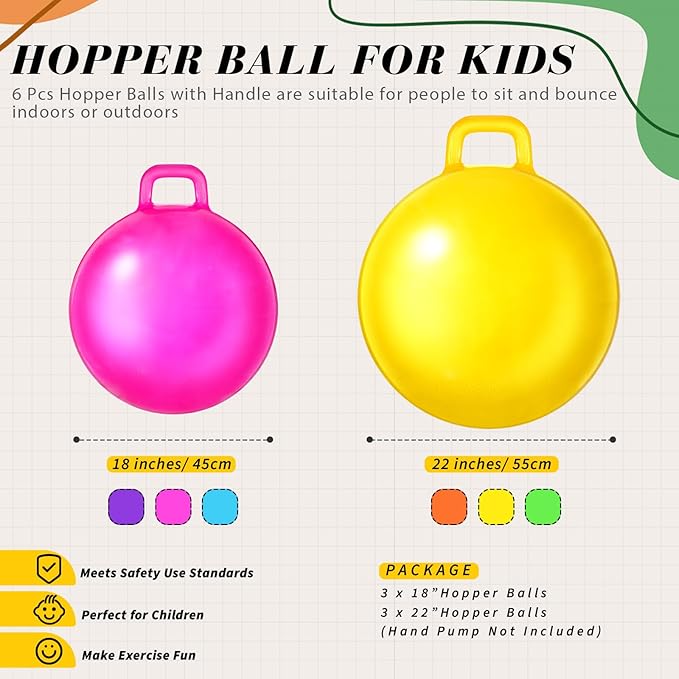 Sratte 6pcs Hopper Ball with Handle Bouncing Marble Bouncy Balls Hopping Toys Inflatable Jumping Toy for Jumping Sport Hop Boys Girls Gifts Party Favors (Pure,Bright Color)