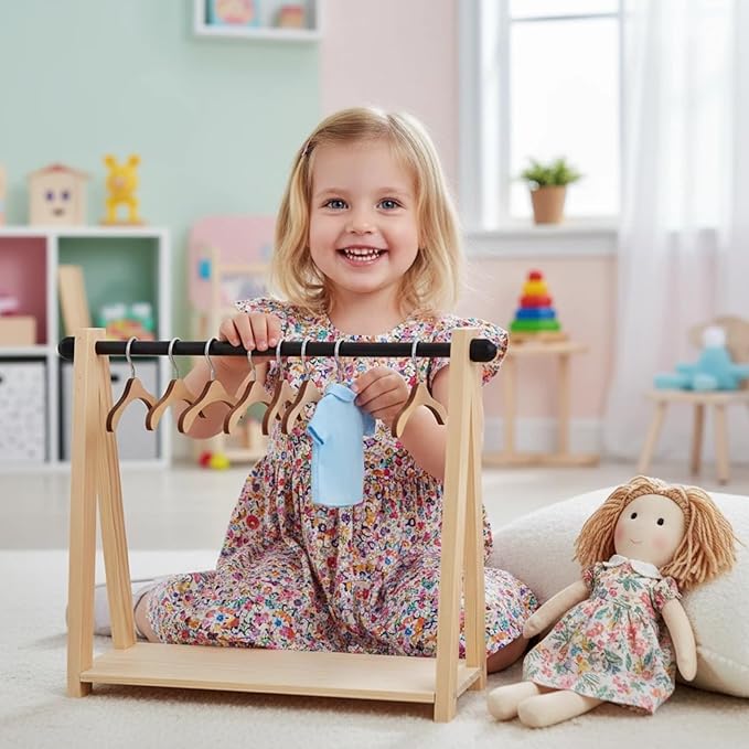 Wooden Doll Clothes Rack with 10 Mini Hangers & Storage Shelf - Portable Wardrobe Closet for 6-16 inch Mini Dolls Accessories,Clothes,Shoes,Bags