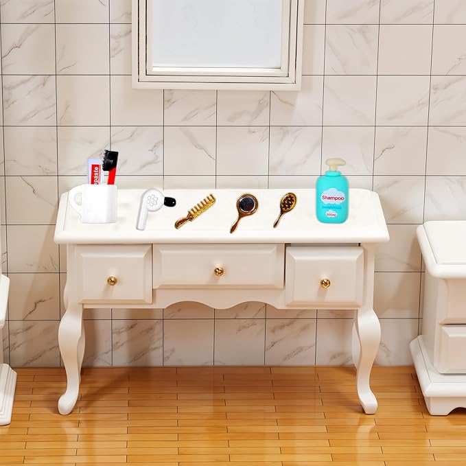15 Pcs Dollhouse Bathroom Accessories, Mini Bath Accessories for Dollhouse Decoration, Mini Hair Dryer Brush Comb Mirror Towel Soap Toothpaste Toothbrush Makeup Set for House Bedroom Decoration