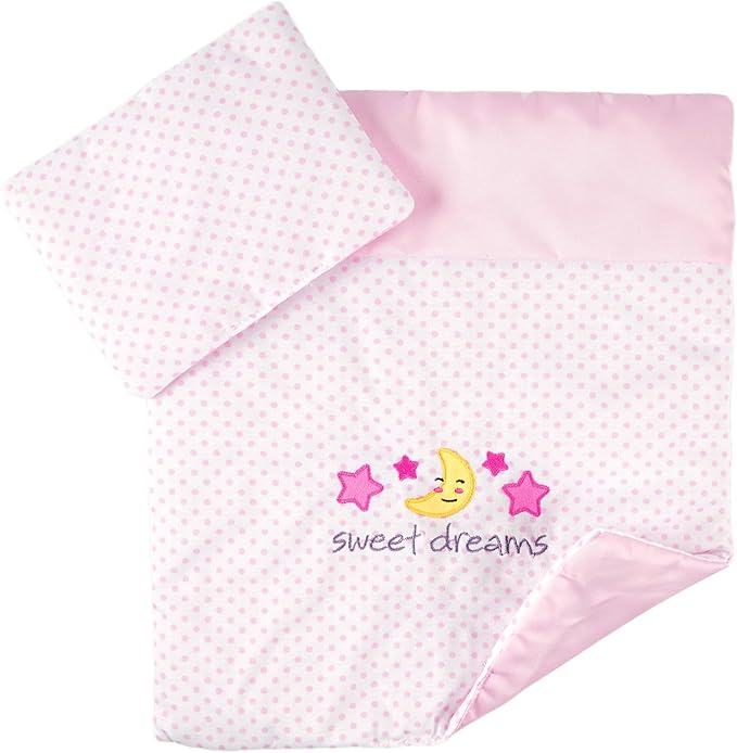 BABESIDE 2 Pcs Baby Doll Bedding Set for 12-15 Inch Dolls, Pink Polka Dot Baby Doll Blanket and Pillow Set with Cute Moon & Stars Pattern for Realistic Babydoll Accessories