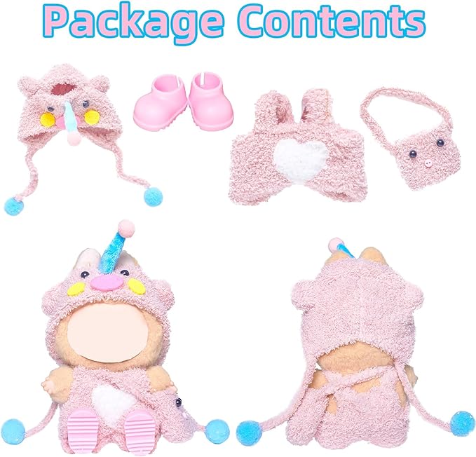 Clothes for Labubu 17cm Doll (NO Doll), 6 Piece Labubu Clothes Set, Cute Labubu Outfits with Accessories, Handmade Crochet La Bubu Doll Dress Up Set（Pink Elephant）