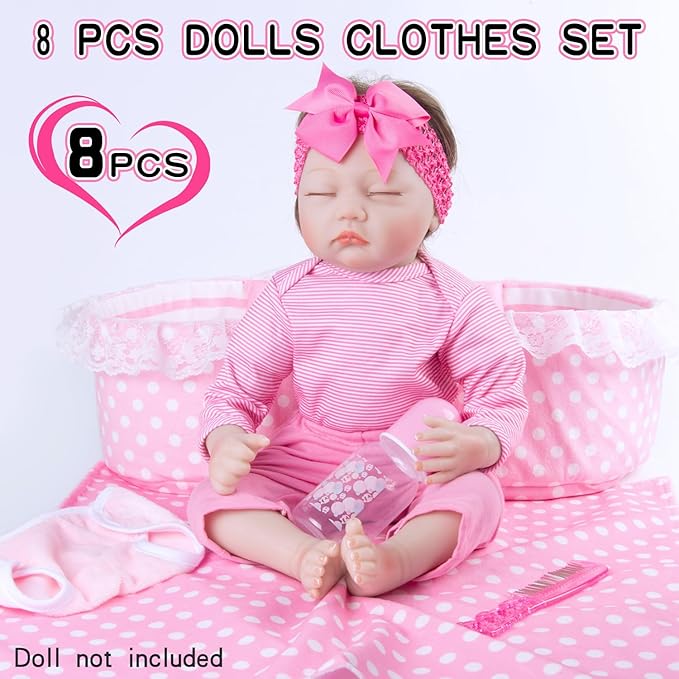 Pedolltree 8 Pcs Reborn Baby Dolls Clothes Girl Pink Striped Outfit Accessories with Pink Lace-Trimmed Bassinet for 17-20 Inch Reborn Dolls Newborn Baby Girl
