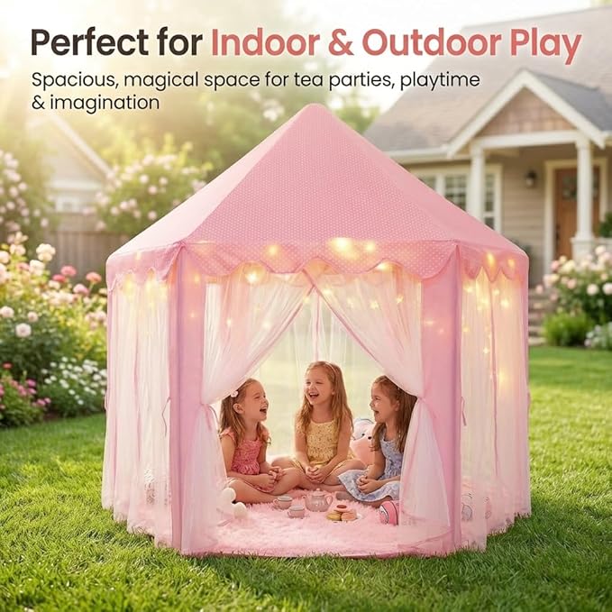 Orian Princess Tent for Girls - Kids Play Tent Indoor & Outdoor with Rug, Pink Toddler Castle Playhouse for Ages 2-7, 55” x 53”, Children’s Toys and Gifts