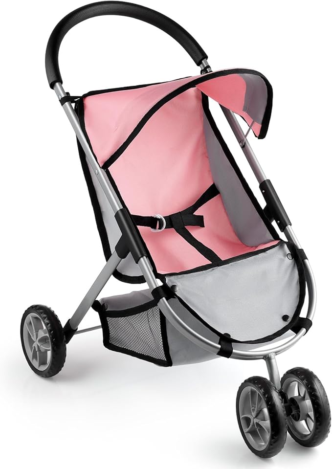 GAGAKU Baby Doll Stroller, Toy Stroller with Canopy, Double Front Wheels, Storage Basket & Adjustable Belt, Lightweight Pretend Play Stroller for Kids Ages 3+, Pink/Gray