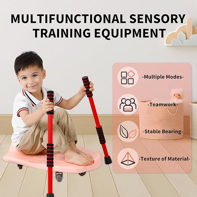 Large Scooter Board for Kids, Plastic Floor Scooter Board with Handles and Buckle, Gym Scooters for Indoor Outdoor Sports,Sensory Training