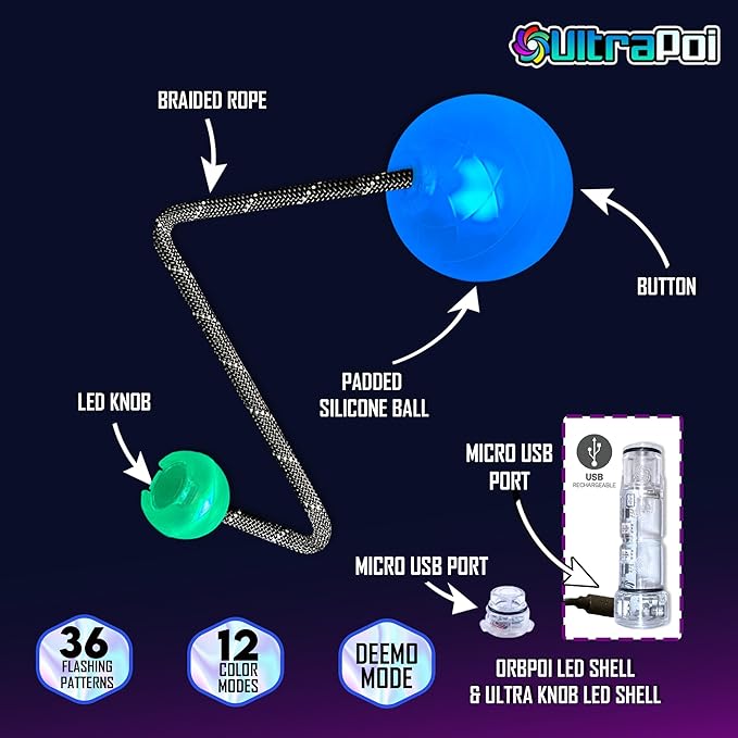 OrbPoi Pro Set - Orb Poi Pro w/LED UltraKnob Pro Handles - USB Rechargeable Contact LED Poi Balls w/40+ Color Modes & Patterns - LED Poi Spinning Balls w/Soft Durable Cases - Flow Arts Toy, UltraPoi