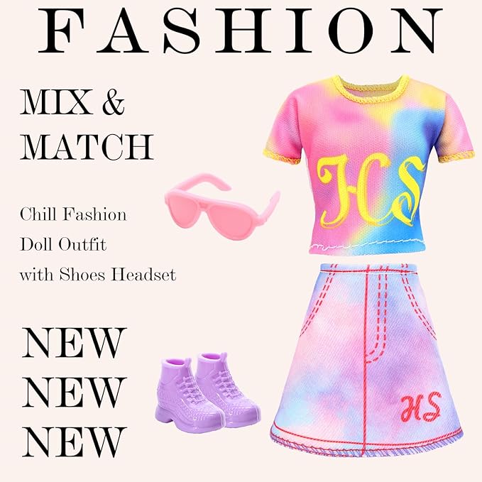 18 Pcs Doll Clothes & Accessories for 11.5 Inch Girl Dolls Include 6 Chill Outfit Hooded Sweater, Dress, Skirt, Sport Wear, Jumpsuit, 6 Shoes, 1 Backpack, 5 Accessories for Dolls Casual Wear