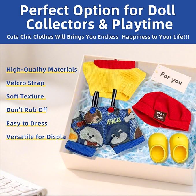 Clothes for Labubu 17cm Doll (NO Doll), 4 Piece Labubu Clothes Set, Cute Labubu Outfits with Accessories, Handmade Crochet La Bubu Doll Dress Up Set（Street Hip hop）