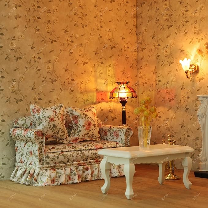 iLAND Dollhouse Furniture of Miniature Couch with Coffee Table the Beautiful Doll House Furniture Set fit 1/12 scale accessories, Elegant Rose and Birds Customized Fabric and Amazing Pleated Handiwork