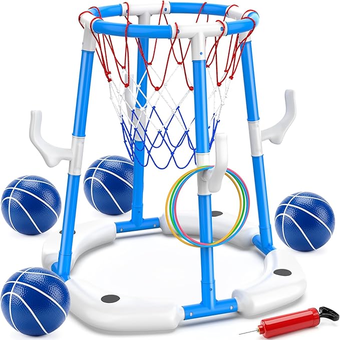 Floating Pool Basketball Hoop, 2-in-1 Basketball Pool Toys for Kids with 4 Balls 12 Rings, Summer Outdoor Swimming Pool Sports Game Water Play Toys for Kids Age 3-12