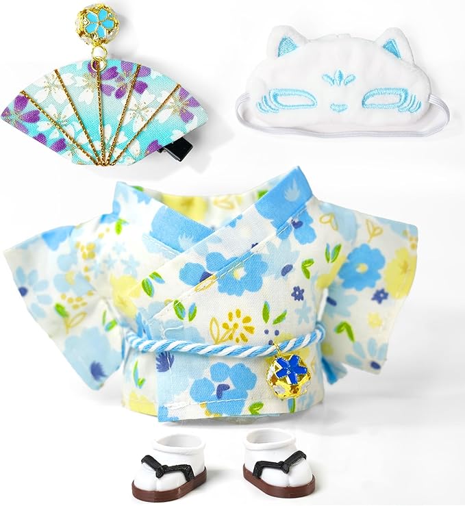 17cm Doll-Clothes-Set,Outfit Accessories Kimono Set for 6.7inch Dolls Boy, Kawaii Chic Style Flower Hairbow+Blue Clothing+Cute Mak+Clogs(NO Doll)