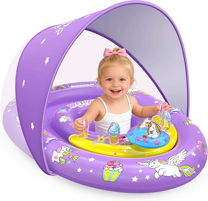EZIGO Baby Pool Float with Canopy UPF50+ Sun Protection, Inflatable Kids Pool Floats with Ocean Animal Toys for Baby 6-36 Months, Infant Swimming Float with Adjustable Safety Seat for Boys Girls