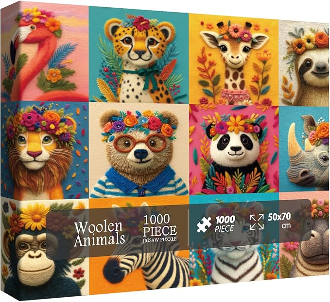 Animal Flower Puzzle for Adults 1000 Pieces, Cute Giraffe Jigsaw Puzzle, Colorful Floral Bear Tiger Flamingo Lion Sloth Cheetah Panda Hippo Zebra Collage Puzzle