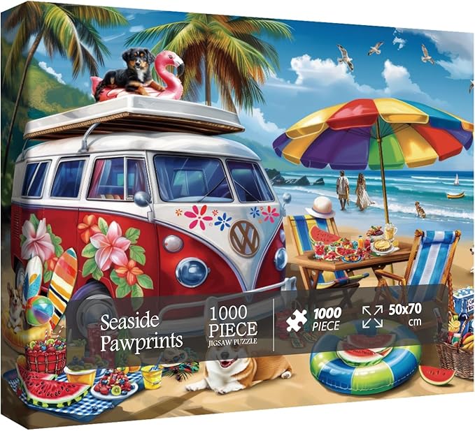 Summer Beach Ocean Puzzle for Adults 1000 Pieces, Funny Dog Seaside Camping Jigsaw Puzzle, Hawaii Nature Scenery Puzzle for Home Decor