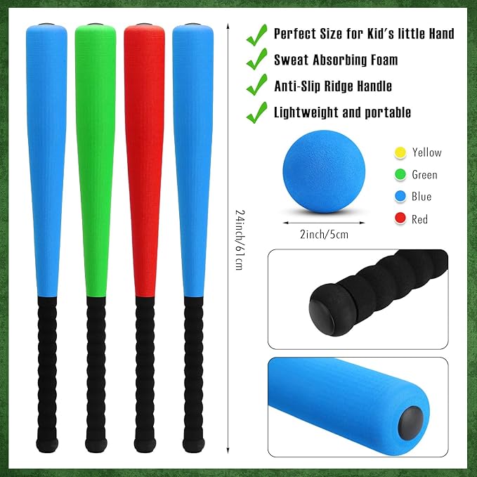 Wettarn 4 Pcs 24 Inch Foam Baseball Bat Foam Bat with Safe Soft Baseballs T Ball Set for Outdoor Indoor Sport Game Beginners Practice Playing Training(Red, Blue, Green)