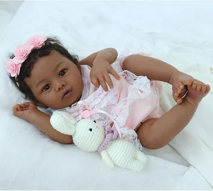 KSBD Reborn Baby Doll Black Girl – 18-Inch Realistic Lifelike African American Newborn Handmade Doll with Real Life Soft Weighted Body and Accessories – Gift Set for Kids Ages 3 and Up