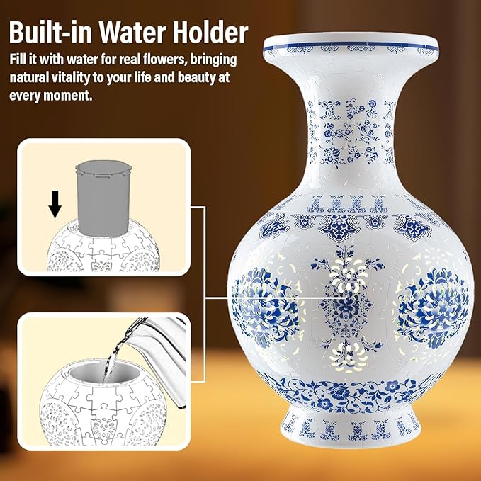 3D Puzzle Vase for Adults with LED Light, 200 Curved Pieces DIY Flower Vase Craft Kit, Creative Jigsaw Art Project Home Décor Centerpiece (C-Blue & White Grand)