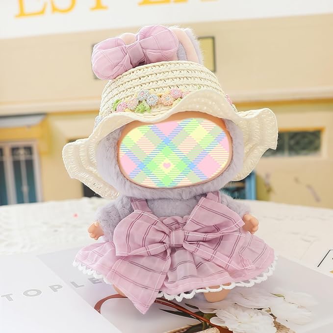 Clothes for Lu bubu 17cm Dolls Accessories (No Doll), Kawaii Hat Skirt Outfit Set 3 Pieces for 17cm Dolls Suit, Stylish Flower Doll Hat Clothing Set Replacement Purple