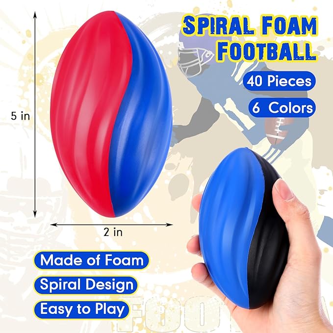 Woanger 40 Pcs Mini Foam Football Bulk 5 Inch Soft Small Footballs for Kids, Two Tone Spiral Colorful Balls for Sport Birthday Party Favors, Classroom Prizes, Indoor Outdoor Games(Colorful)