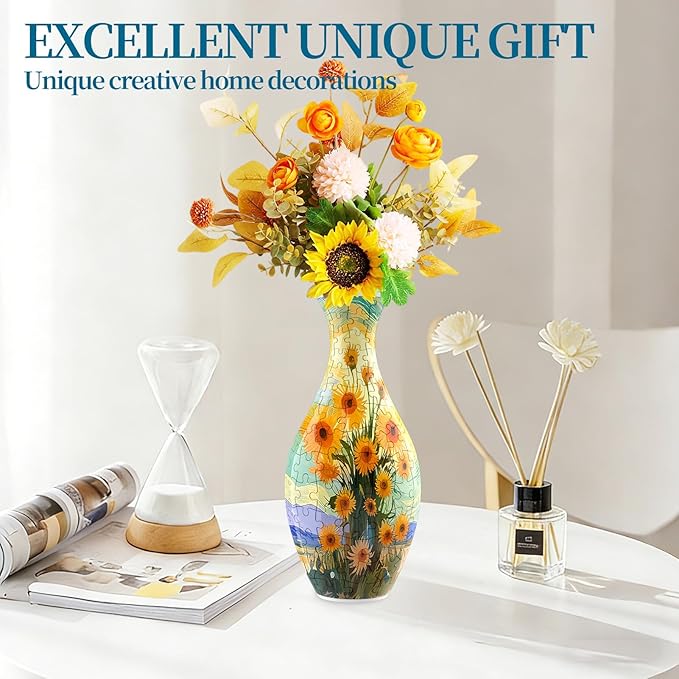 3D Puzzles Vase for Adults, Crafts for Adults, 160 Pieces Plastic DIY Unique Flower Vase with LED Light House Warming Gift Birthday Gifts for Flower Arrangements and Home Decor (Sunflowers)