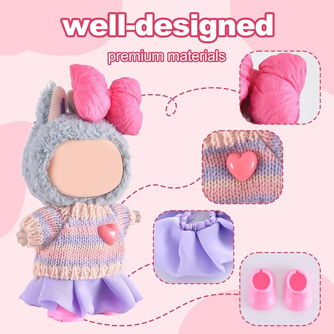 Doll Clothing for Labubu, Premium Outfits for Labubu Dressing up, Handcrafted Crochet Doll Accessories for Labubu with Sweater, Skirt, Boots(Purple)