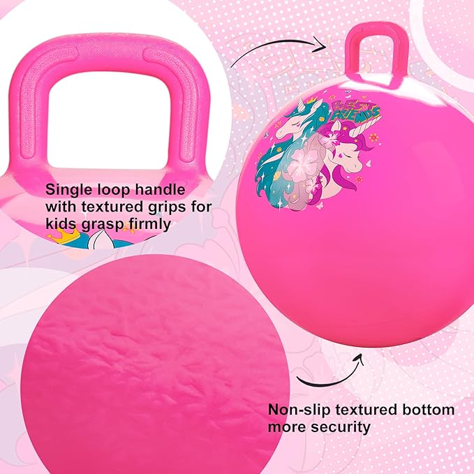 ZOOJOY Hopper Ball, Pink Bouncy Balls for Kids, 18 Inch Sit on Jumping Toys with Handle for Girls Gift Aged 3-8, Inflatable Unicorn Bounce Hopper Balls Toy with Pump
