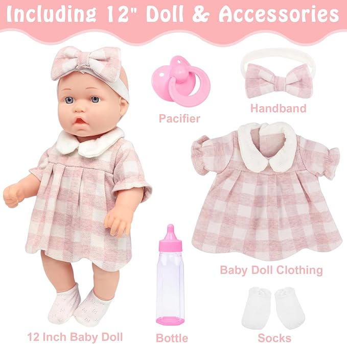 12″ Baby Doll Classic Checkered Dress & 6-Piece Accessories Gift Box Packaged – Soft Realistic Lifelike Baby Dolls for Toddlers & Little Girls