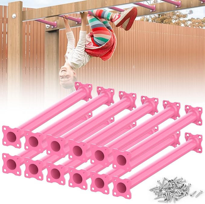 16.5 Inch Monkey Bars Kit Playground Ladder Rungs for Backyard Indoor Outdoor Kids Metal Bars Swing Set Playset Accessories (Pink, 12 Pcs)