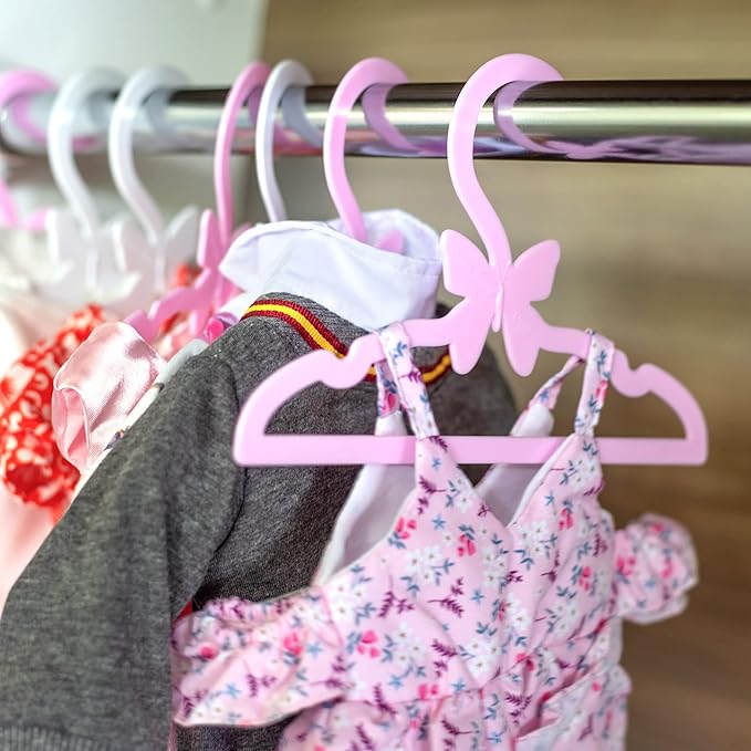 Doll Clothes Hangers for 18" Dolls -Set of 12 White Butterfly Hangers- Unique Design Compatible w American Girl Outfit Accessory Coat Hangers, Holds Shirt, Pants, Skirt - Gifts for Girls Kids Birthday