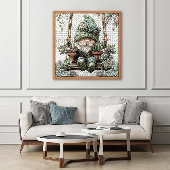 Cute Gnome Puzzles for Adults 1000 Piece, Nature Cactus Succulent Plant Themed, Funny Spring Gnome Jigsaw Puzzles Challenging