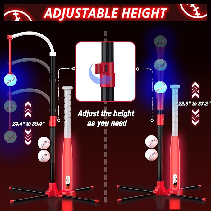 3-in-1 LED T Ball Set for Kids, Adjustable Height, Hanging Tee Ball Set with Baseball Launcher/4 Softballs/Light Up Bat, TBall Stand Sport Toys, Baseball Gifts for Boys Girls Age 3-5