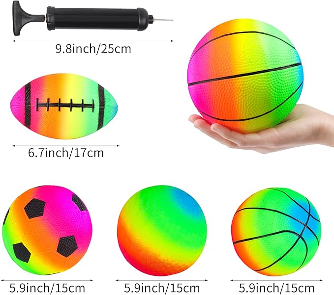Hxezoc 4 Pack Sports Balls Set 6 Inch Inflatable Vinyl Balls with Added Hand Air Pump, Neon Basketball, Soccer, Volleyball and Football for Kids and Toddlers Playground Indoor and Outdoor Use