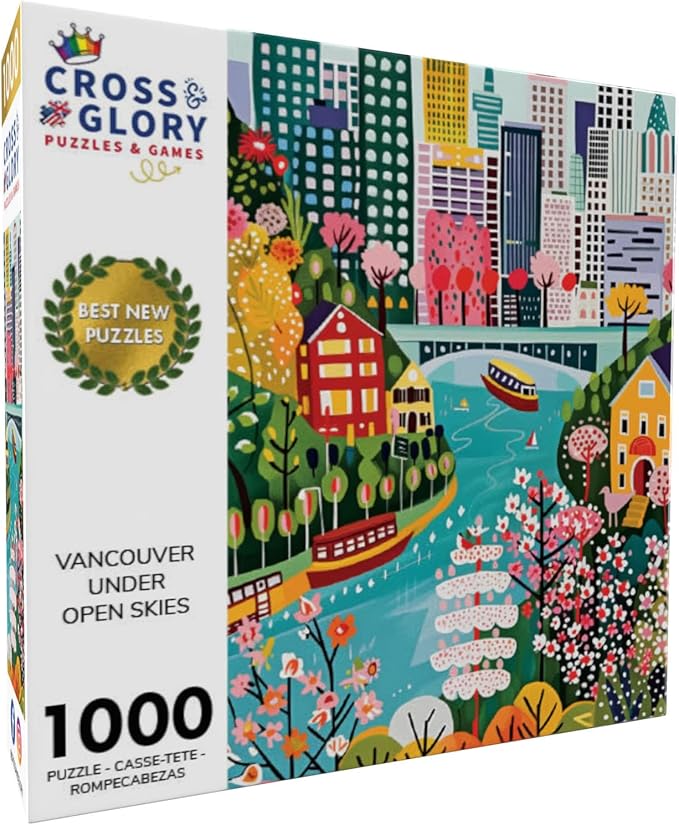 Cross & Glory – Vancouver Under Open Skies – 1000 Piece Jigsaw Puzzle for Adults | Modern Folk Art Vancouver City Scene | Minimalist, Colorful Travel Puzzle