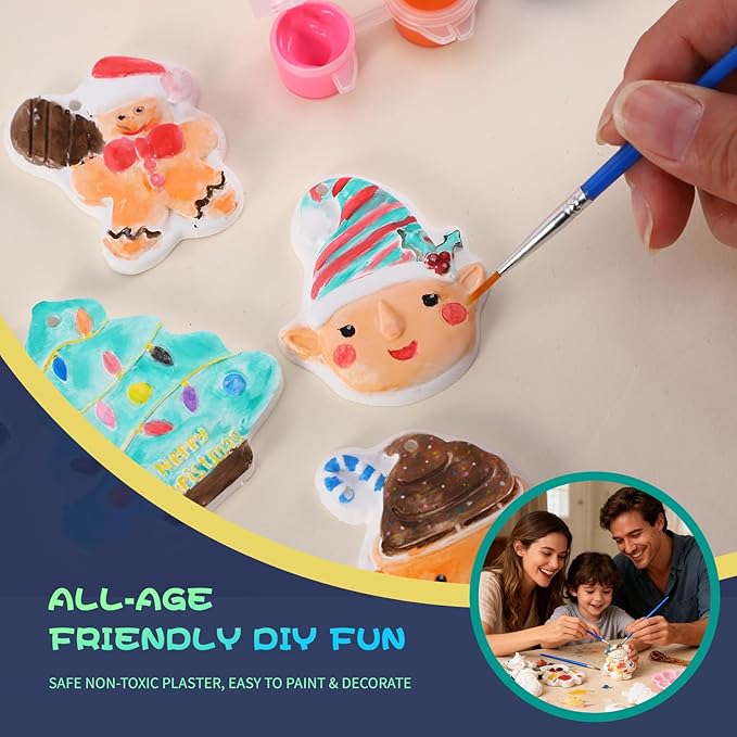 GloomGlo 24pcs Christmas Plaster Painting Kit for Kids – Non-Toxic DIY Ceramic Ornament Craft Set with Snowman/Gingerbread Man Christmas Tree Decorations(Christmas 1)