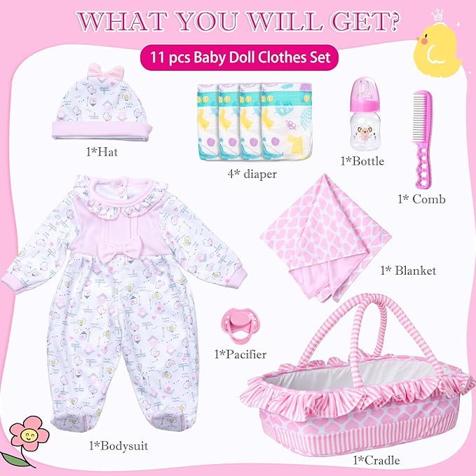 PEDOLLTREE 11 Pcs Reborn Baby Dolls Clothes Girl Pink Chick Outfit Accessories for 16-18 Inch Reborn Doll Newborn Girl with Pink Heart Bassinet
