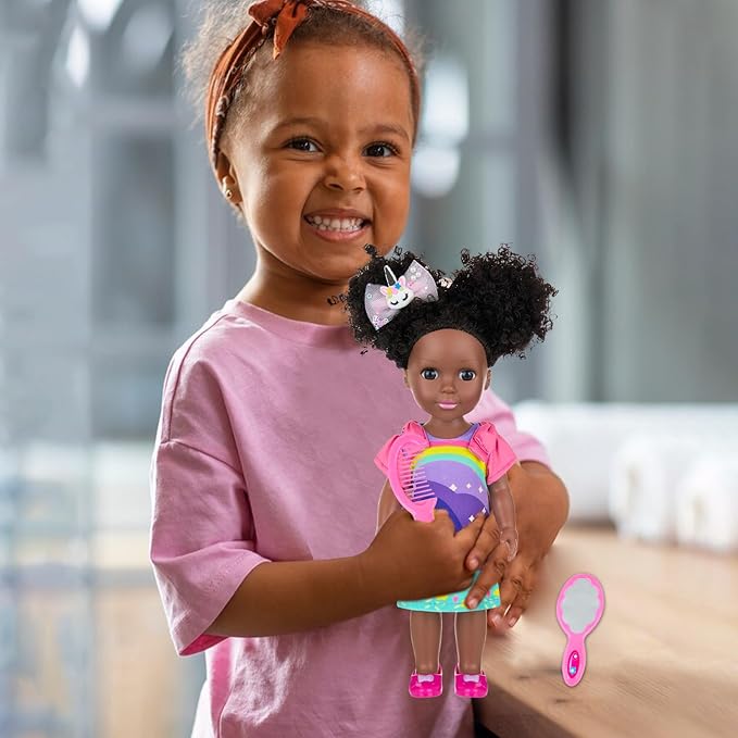 Ecore Fun 14 Inch Black Doll with Black Baby Doll Clothes Accessories – Including Dress, Top, Skirt, Shoes, Comb, Mirror, Hairclip, Phone & Stickers - African Realistic Silicone Girl Dolls for Girls