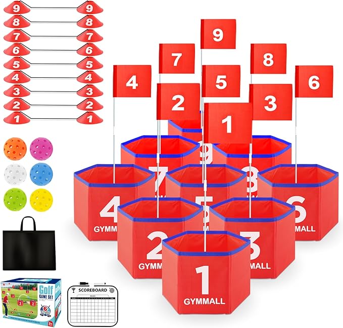 Golf Bucket Yard Game, Backyard Golf Set for Kids, Adults and Family, Outdoor and Indoor Portable 9 Holes Golf Course with Balls, Flags and Carry Bag for Lawn, Park, Beach and Hotel - Red